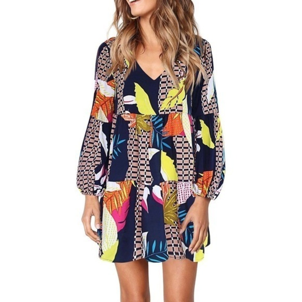 Tropical Mixed Print V-Neck Tiered Mini Dress Navy Blue Long Balloon Sleeve L